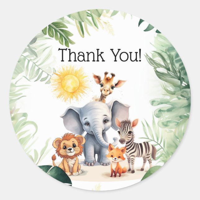 Sticker Rond Jungle mignon bébé animaux fête merci cadeau (Devant)