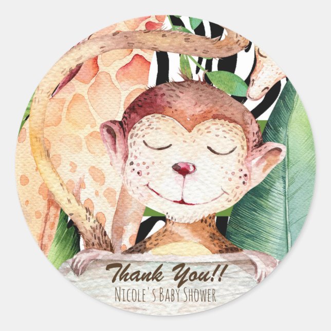 Sticker Rond Jungle Monkey & Giraffe Baby shower Poster de anim (Devant)