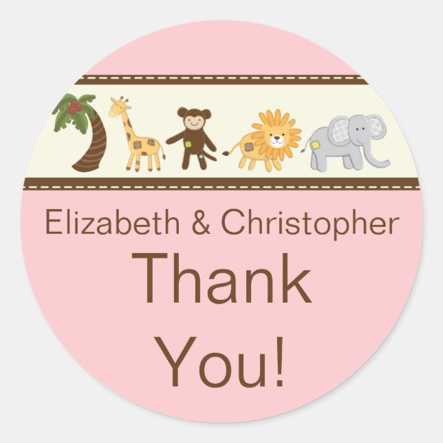 Sticker Rond Jungle Safari animal rose Baby shower fille (Devant)