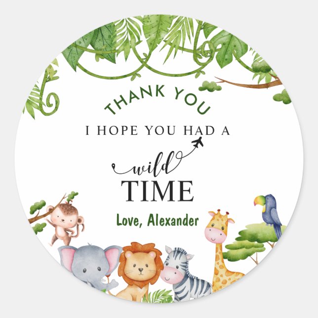 Sticker Rond Jungle Safari Animaux Anniversaire Merci (Devant)