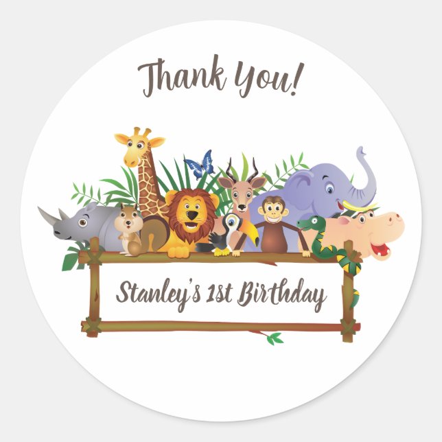 Sticker Rond Jungle Safari Animaux Forêt Merci Anniversaire (Devant)