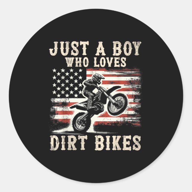 Sticker Rond Just A Boy Who Loves Dirt Bikes American Flag Moto (Devant)