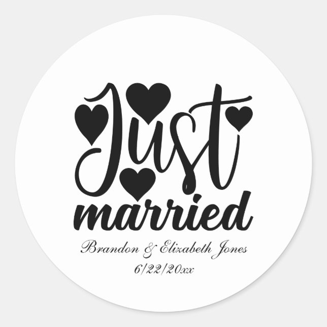 Sticker Rond Just Married ajouter des noms Date Mariage (Devant)