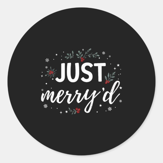 Sticker Rond Just Merry'd Matching Christmas Wedding Party Marr (Devant)