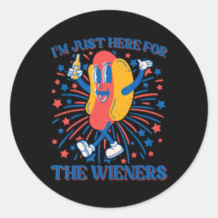 Sticker Rond Juste ici pour les saucisses chaudes drôle 4 juill