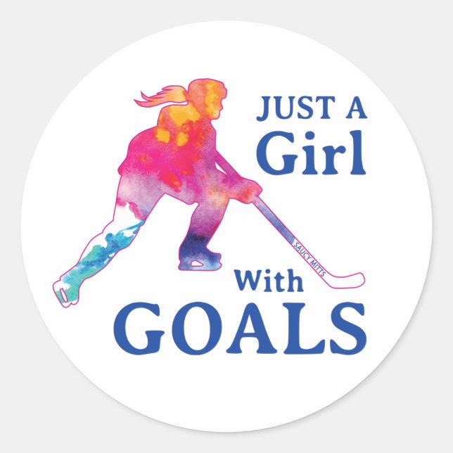 Sticker Rond Juste une fille avec des buts Hockey aquarelle (Devant)