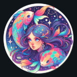 Sticker Rond Juste une fille de pisces | Horoscope Art Christma<br><div class="desc">Joli art de l'air féminin. Une fille aux cheveux bleus nageant avec deux carpes. L'horoscope céleste est un art pour l'horoscope Pisces signe.</div>