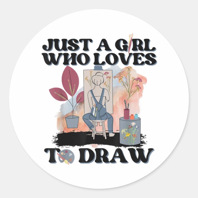 Sticker Rond Juste une fille qui aime dessiner (Devant)