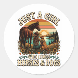 Sticker Rond Juste une fille qui aime les chevaux et les chiens