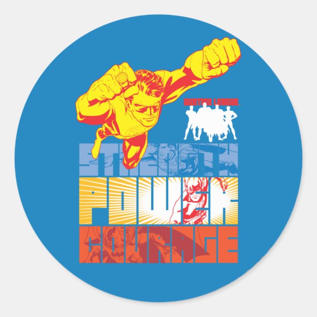 Sticker Rond Justice League Strength. Le pouvoir. Courage. Cara (Devant)