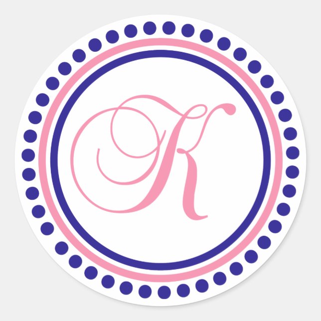 Sticker Rond K Monogramme (bleu marine/cercle à points roses) (Devant)