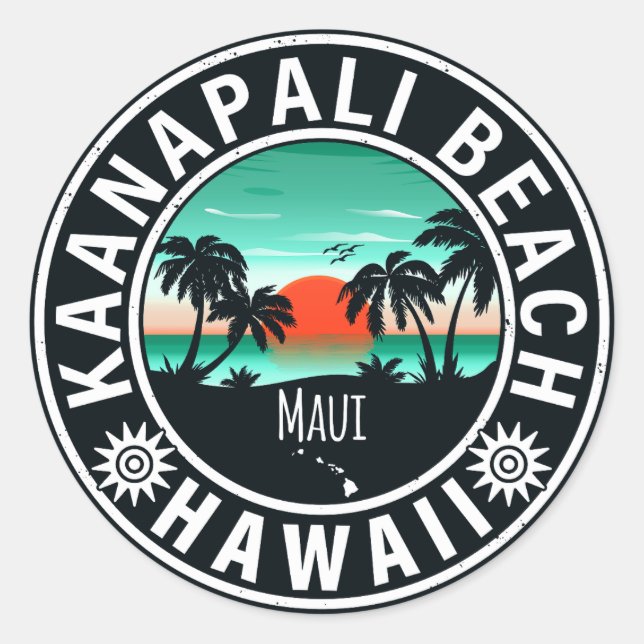 Sticker Rond Ka'anapali Beach Hawaii Retro Sunset Souvenirs 60' (Devant)