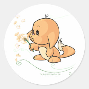 Sticker Rond Kacheek orange souhaitant sur un pissenlit