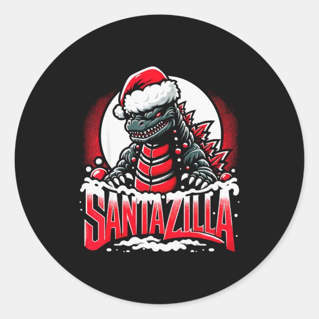 Sticker Rond Kaiju Christmas Santazilla Japanese Monster Dinosa (Devant)