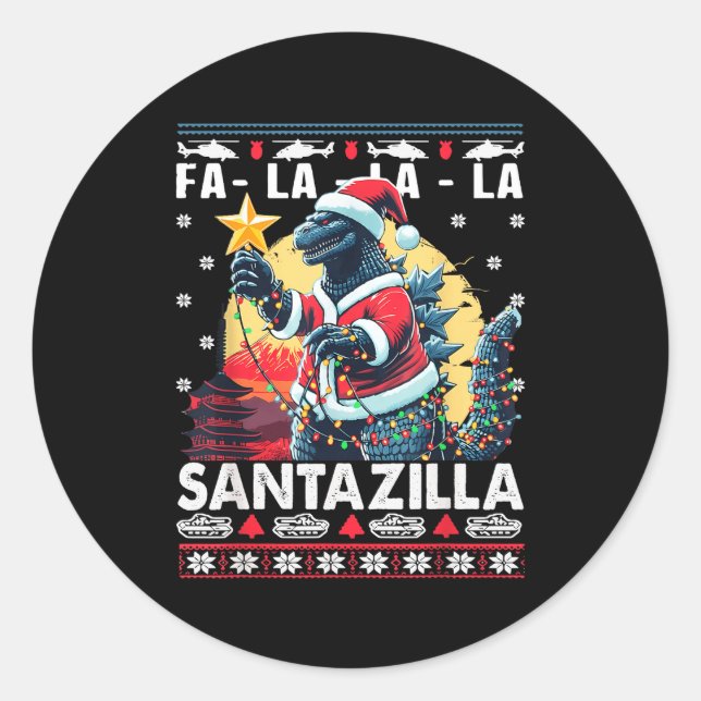 Sticker Rond Kaiju Christmas Santazilla Japanese Monster Dinosa (Devant)
