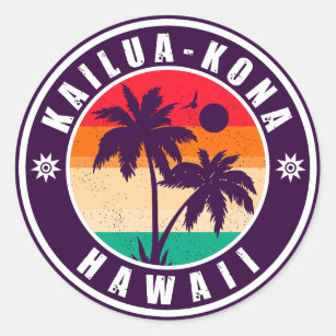 Sticker Rond Kailua-Kona Hawaii Palmiers rétro 60s Souvenirs
