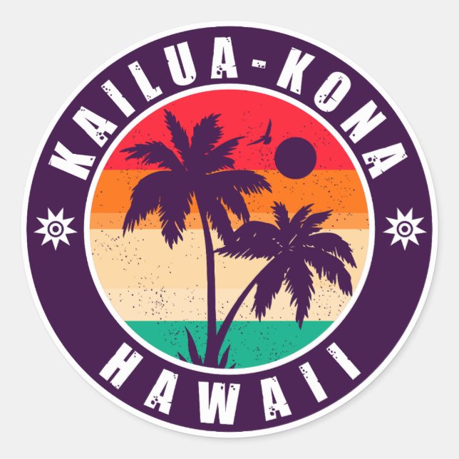 Sticker Rond Kailua-Kona Hawaii Palmiers rétro 60s Souvenirs (Devant)
