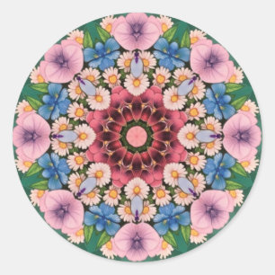 Sticker Rond ~ Kaleidoscope blanc rose bleu vert~