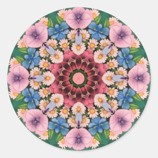 Sticker Rond ~ Kaleidoscope blanc rose bleu vert~