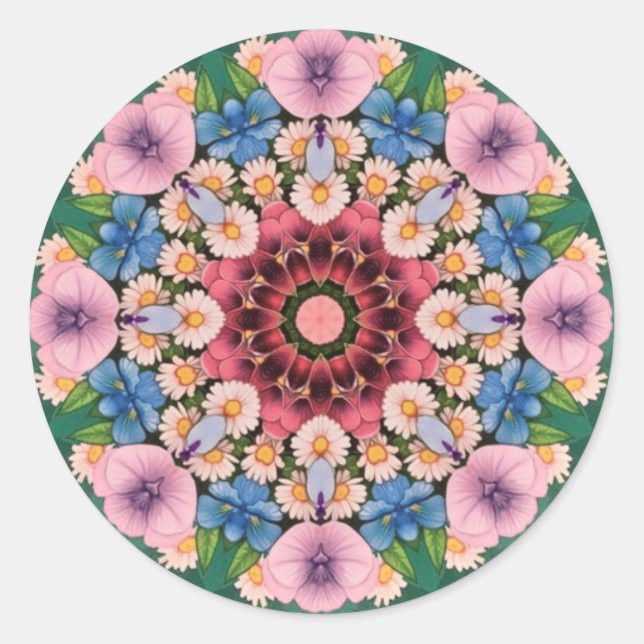 Sticker Rond ~ Kaleidoscope blanc rose bleu vert~ (Devant)