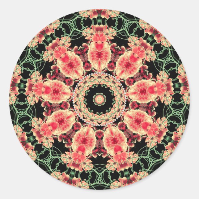 Sticker Rond Kaleidoscope fractal rose et vert foncé (Devant)