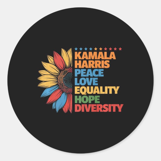 Sticker Rond Kamala Harris Peace Love Equality Hope Diversity P (Devant)