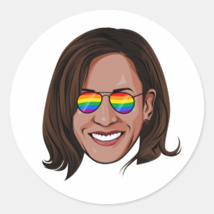 Sticker Rond Kamala Harris - Tête avec Aviateurs Arc en ciel