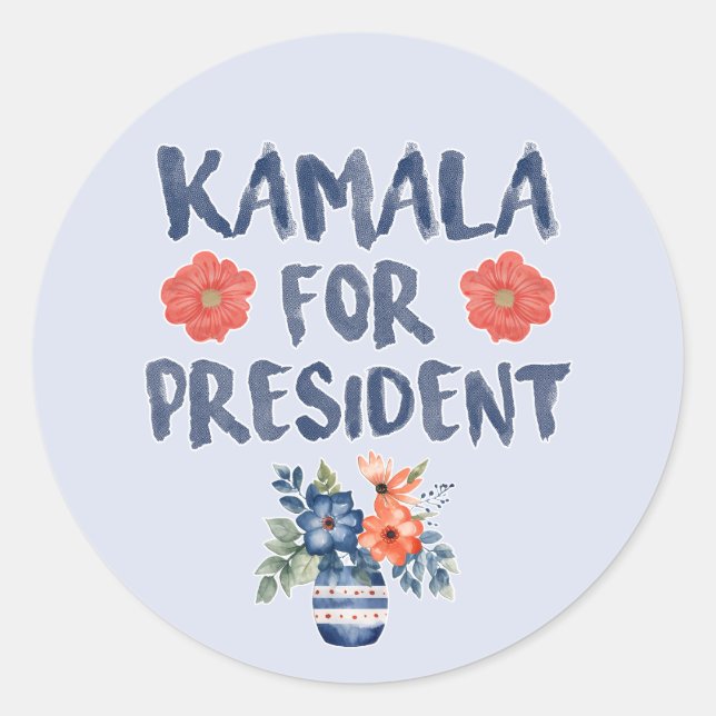 Sticker Rond Kamala pour Président Fleurs aquarelles (Devant)