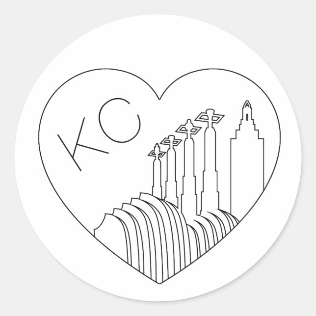 Sticker Rond Kansas City - Minimalist Line Art Skyline Heart (Devant)