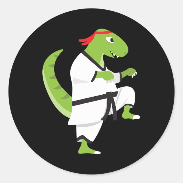 Sticker Rond Karate T-rex Cool Mignon Dinosaure Combattant Hall (Devant)