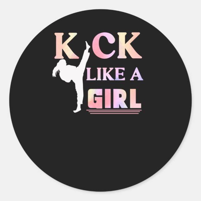 Sticker Rond Karate Taekwondo Jiu Jitsu Girl Fighting Fun (Devant)