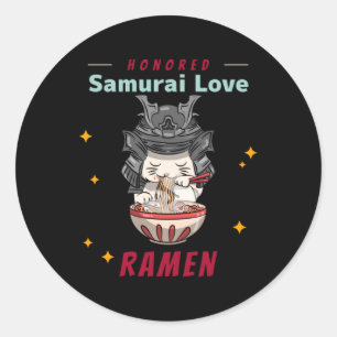 Sticker Rond Kawaii a honoré Samurai chat manger Ramen