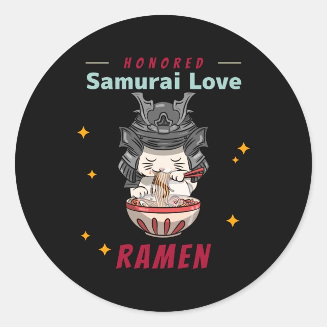 Sticker Rond Kawaii a honoré Samurai chat manger Ramen (Devant)