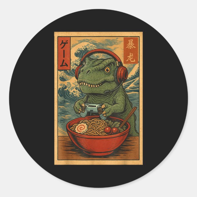 Sticker Rond Kawaii Anime Gamer T-rex Ramen Retro Japanese Gami (Devant)