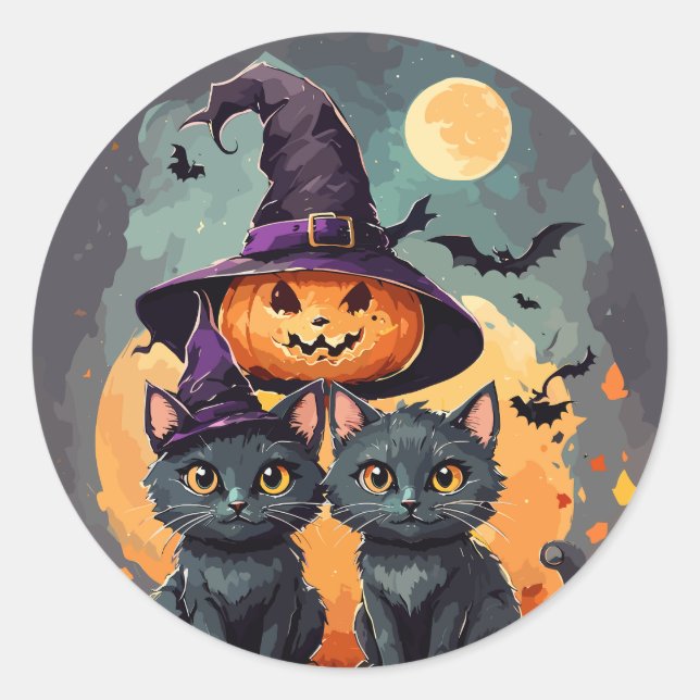 Sticker Rond Kawaii aquarelle chats noirs Happy Halloween (Devant)