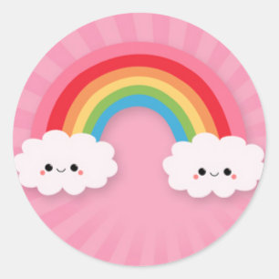 Sticker Rond Kawaii Arc en ciel et nuages sur Starburst rose