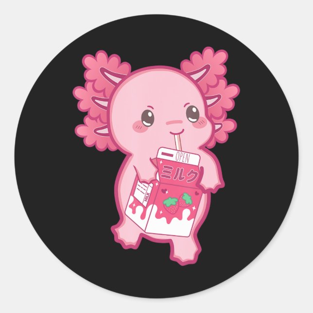 Sticker Rond Kawaii Axolotl fraise Lait Ado Fille Enfants Japa (Devant)