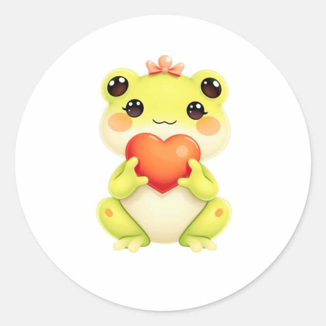 Sticker Rond Kawaii Baby Frog Holding a Heart (Devant)