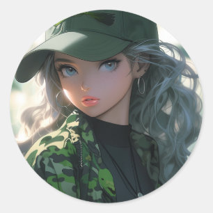 Sticker Rond Kawaii Camouflage Militaire Hunter Drill Anime Gir