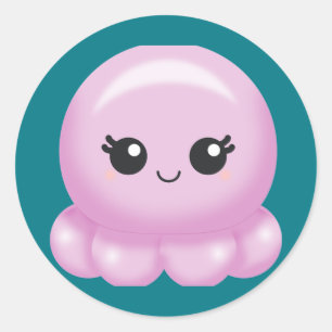 Sticker Rond Kawaii Cartoon Pink Octopus