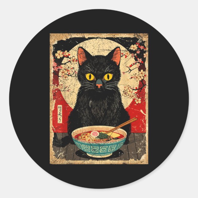 Sticker Rond Kawaii Cat Eating Ramen Noodles Funny Anime Gift G (Devant)