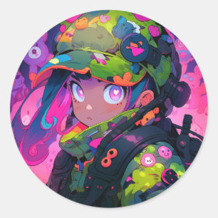 Sticker Rond Kawaii Chasseur militaire Camouflage Coeur yeux An