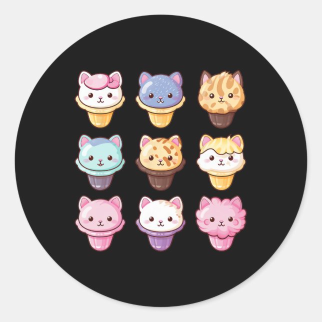 Sticker Rond Kawaii Chat crème glacée sucré nourriture amoureux (Devant)