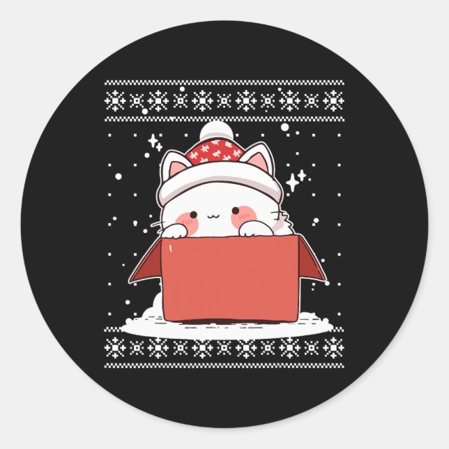 Sticker Rond Kawaii Chat Dans Une Boîte Noël Mignonne Anime Ado (Devant)