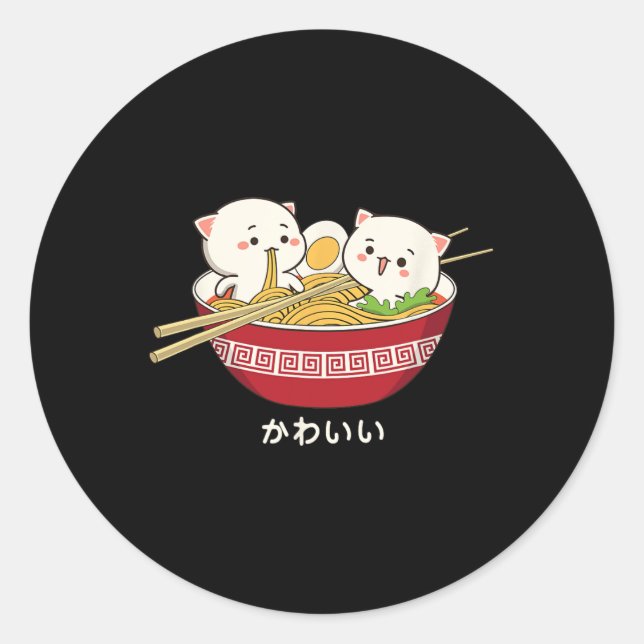 Sticker Rond Kawaii Chat Japonais Tokyo Anime Chat Ramen T Shir (Devant)