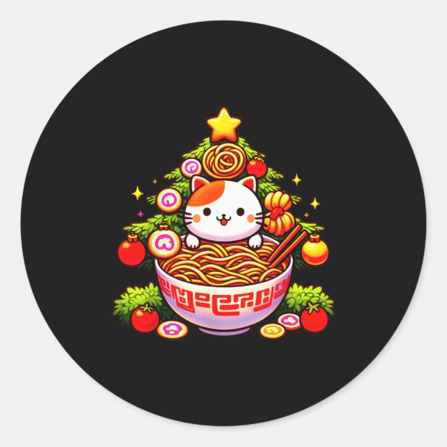 Sticker Rond Kawaii Christmas Cat Ramen Christmas Tree Holiday  (Devant)