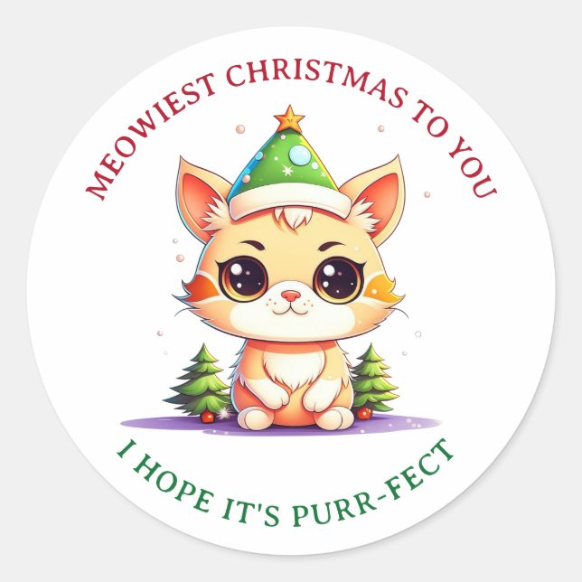 Sticker Rond Kawaii Christmas Kitten Pun chat de vacances (Devant)