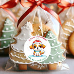 Sticker Rond Kawaii Christmas Puppy Chien Nom de famille<br><div class="desc">Un mignon chien chibi en bande dessinée de et vers des autocollants de Noël personnalisés.</div>
