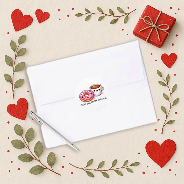 Sticker Rond Kawaii Coffee and Donut Better Together Pattern (Créateur téléchargé)