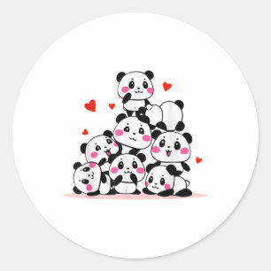Sticker Rond Kawaii Cute Baby Panda Pile Avec Coeurs Rouges Val